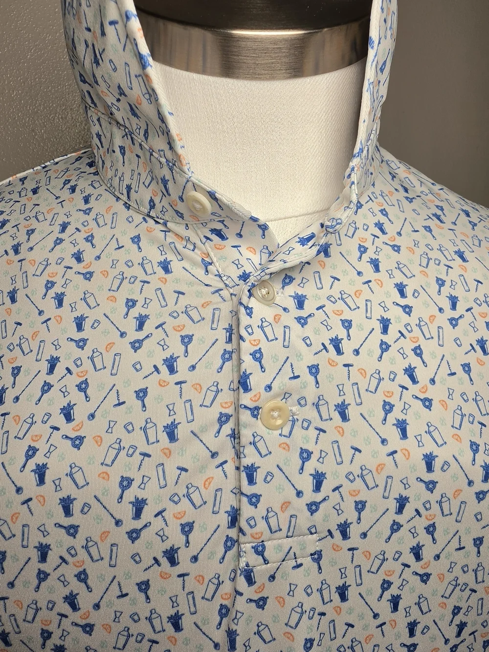 RLX Ralph Lauren White Polo with Blue & Orange Mini Print